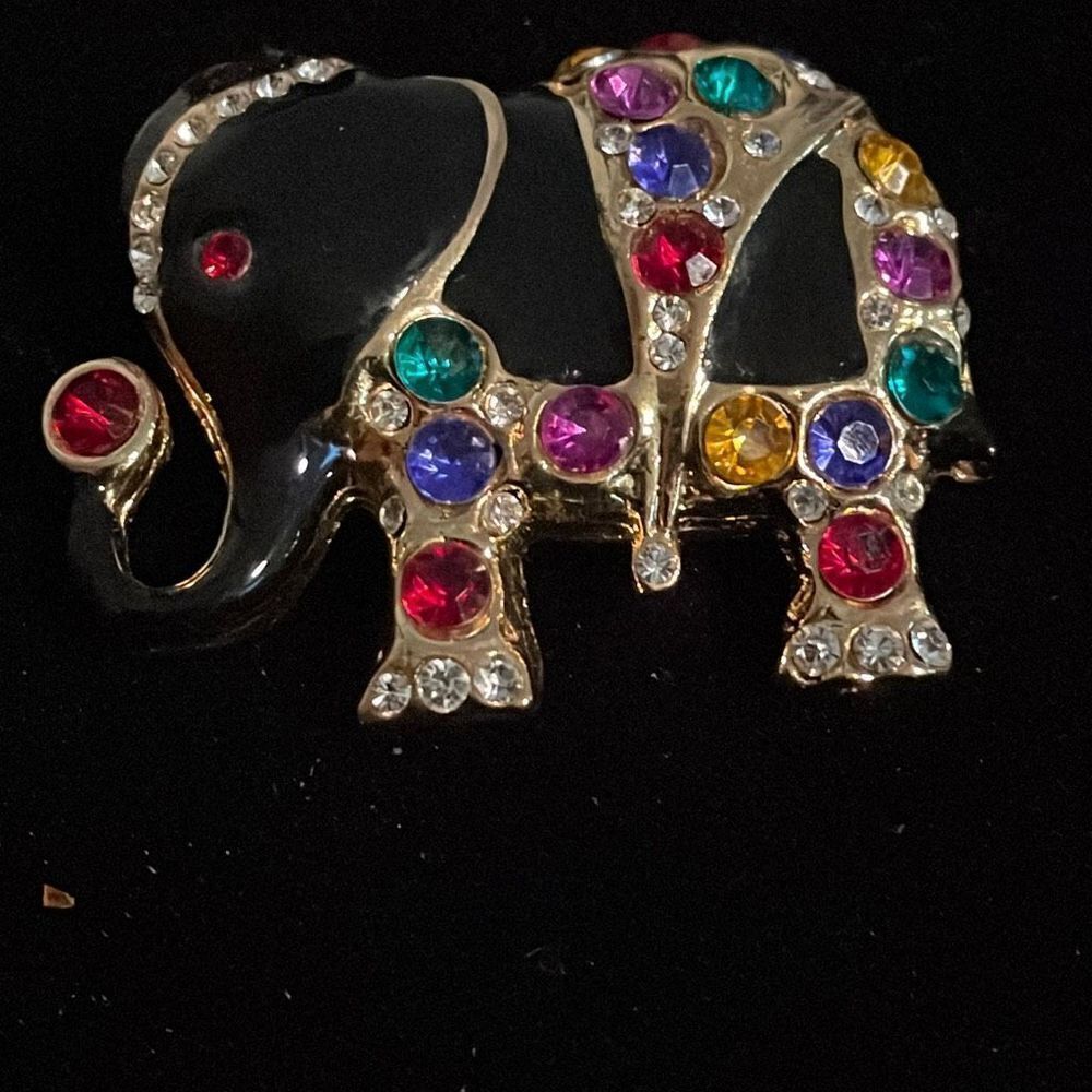 Elephant brooch, black with colorful jewels